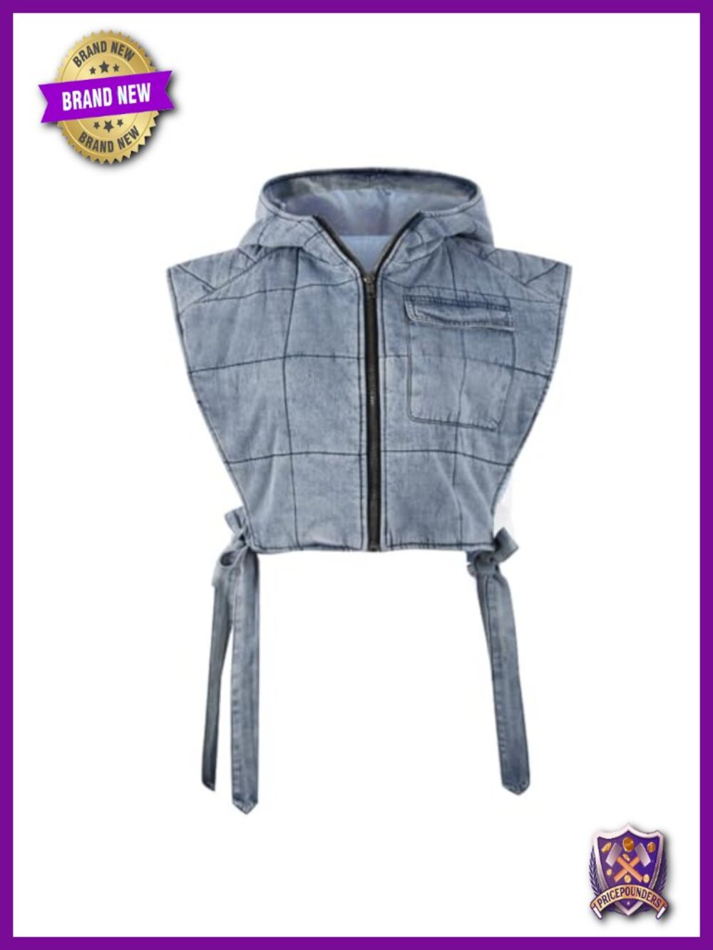 Womens Hooded Denim Puffer Vest Quilted Sleeveless Zipper Lace Up